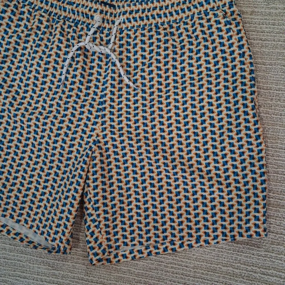 George Mens Swim Trunks L 36 38 Blue Orange Geometric Shorts Mesh Liner Quick...